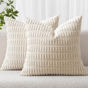 Pack of 2 Corduroy Decorative Throw Pillow Covers 18x18 Inch Soft Boho Striped Pillow Covers
