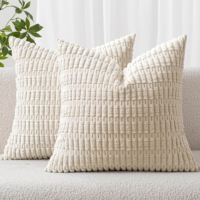 Pack of 2 Corduroy Decorative Throw Pillow Covers 18x18 Inch Soft Boho Striped Pillow Covers