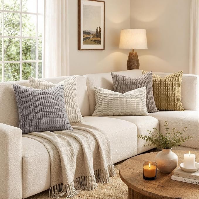 Pack of 2 Corduroy Decorative Throw Pillow Covers 18x18 Inch Soft Boho Striped Pillow Covers - Image 3