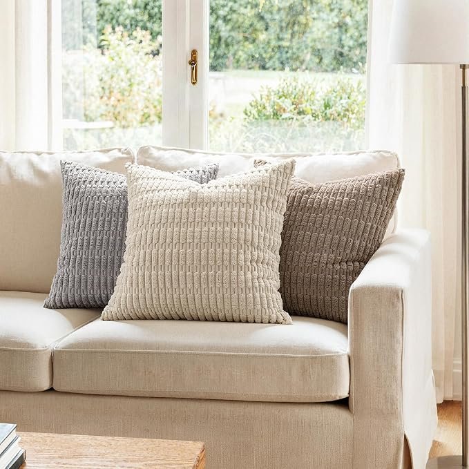 Pack of 2 Corduroy Decorative Throw Pillow Covers 18x18 Inch Soft Boho Striped Pillow Covers - Image 4